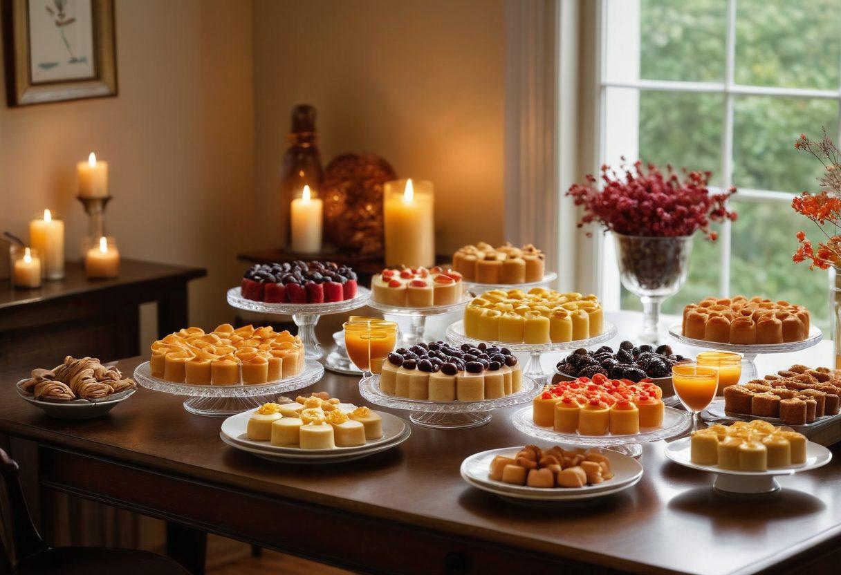 A beautifully arranged table featuring various pudim desserts in elegant glass dishes, showcasing smooth textures and glossy caramel layers. Surround the table with baking ingredients like sugar, vanilla beans, and fresh berries, adding a cozy kitchen atmosphere. Soft, warm lighting creates a blissful ambiance, inviting viewers to indulge. style: super-realistic. vibrant colors. warm tones.