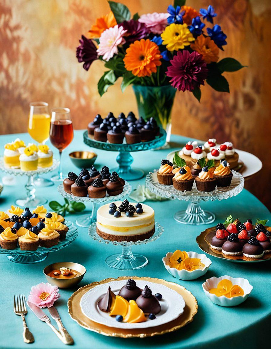 A vibrant table spread featuring an assortment of pudim variations, showcasing different flavors and toppings like caramel, chocolate, and fruits. Meticulously crafted desserts in elegant glassware, adorned with fresh mint leaves and colorful edible flowers, against a warm pastel backdrop. Golden light softly illuminating the scene to create a cozy, inviting atmosphere. super-realistic. vibrant colors. soft focus.